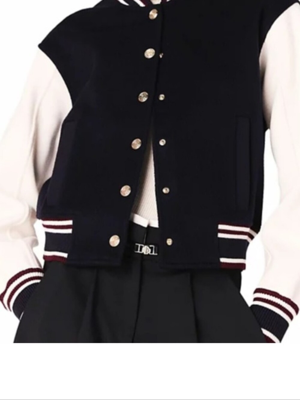 Maje Navy Body with White Sleeves Mixed-Fabric Bomber Jacket